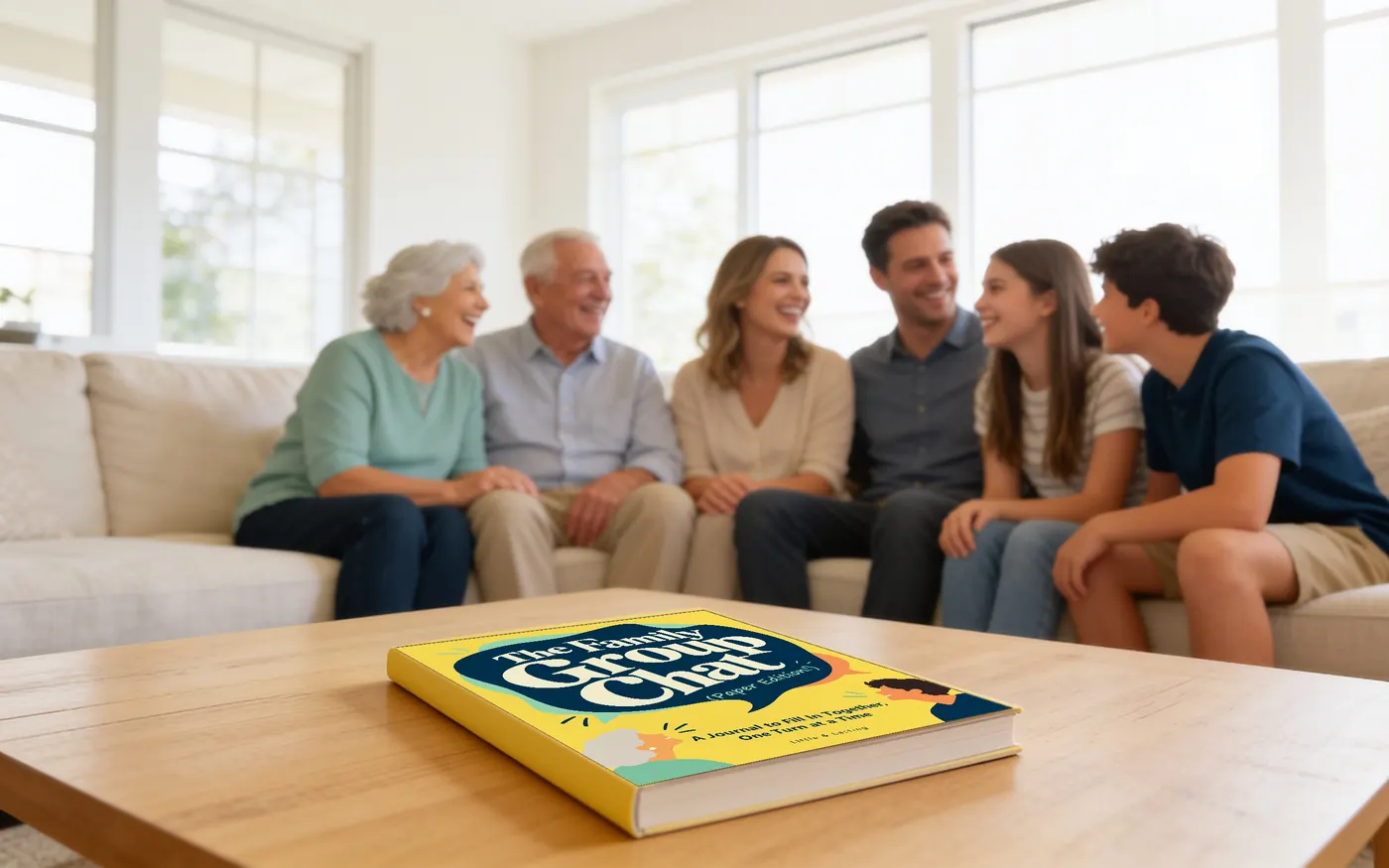 Three generations laughing together on a sofa, with The Family Group Chat journal on the coffee table