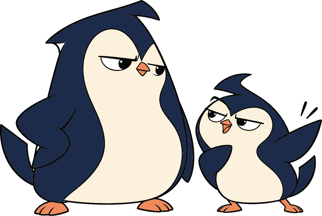 Brumpo, the larger penguin, beside the smaller, cheeky Tibzi